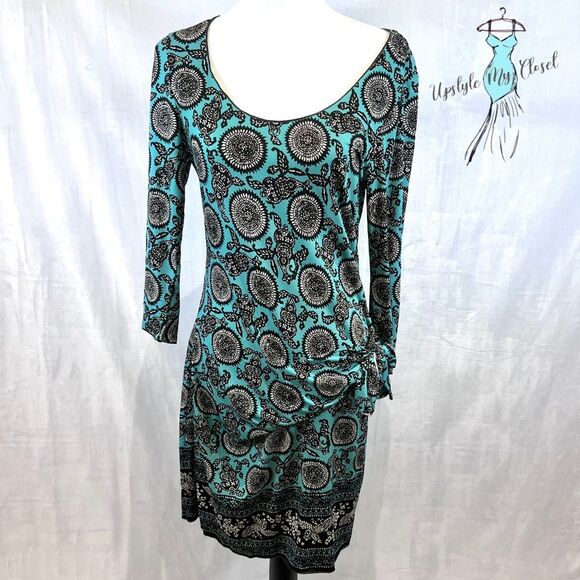 Max Edition long sleeve aqua and black medallion print tie side dress size LP - Picture 1 of 4